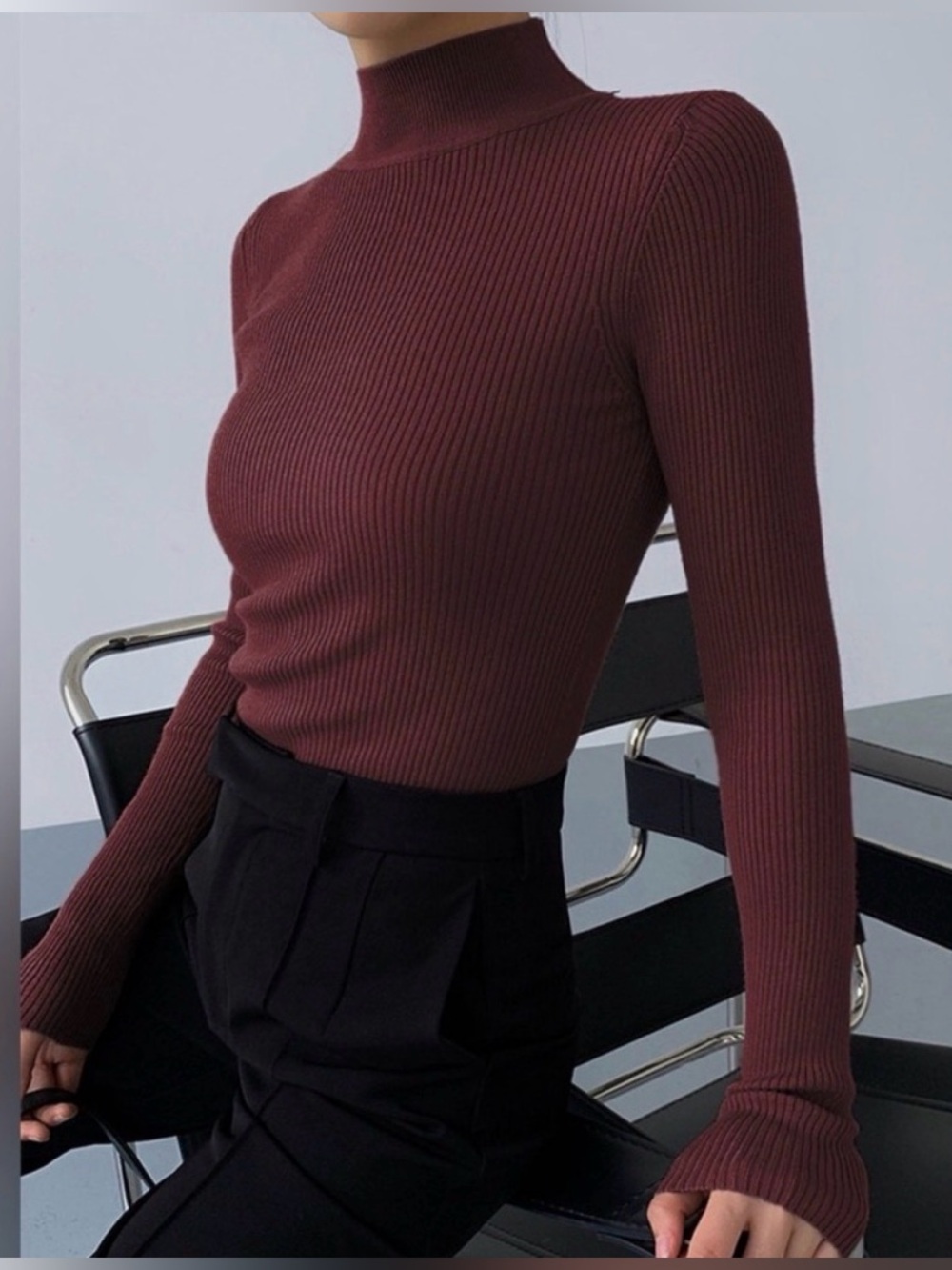 Commense Ribbed Mock Neck Long-Sleeve Top - Burgundy